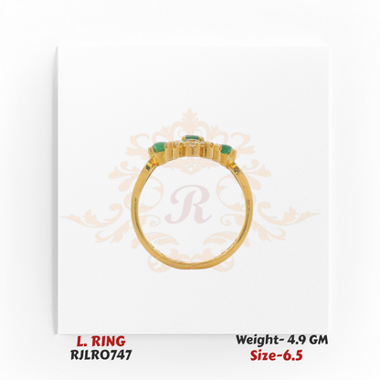 Side profile of a gold ladies’ ring highlighting the elevated setting of green and white stones in a floral cluster design. Model RJLR0747, weight 4.9 grams, size 6.5.