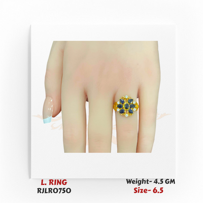 22k yellow gold ladies ring featuring a floral cluster of deep blue stones accented with white gems, displayed on a hand. Model RJLR0750