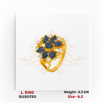 Sophisticated gold ladies ring featuring an elegant cluster of deep blue oval stones accented by sparkling clear round stones in a floral-inspired arrangement, set on a polished gold band. Model RJLR0719.