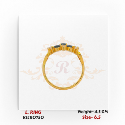 Side profile view of a gold ladies’ ring highlighting the elevated floral cluster setting of blue and white stones. Model RJLR0750, weight 4.5 grams, size 6.5.