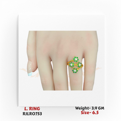 22k yellow gold ladies ring with three floral clusters of green stones accented with white centers, displayed on a hand. Model RJLR0753