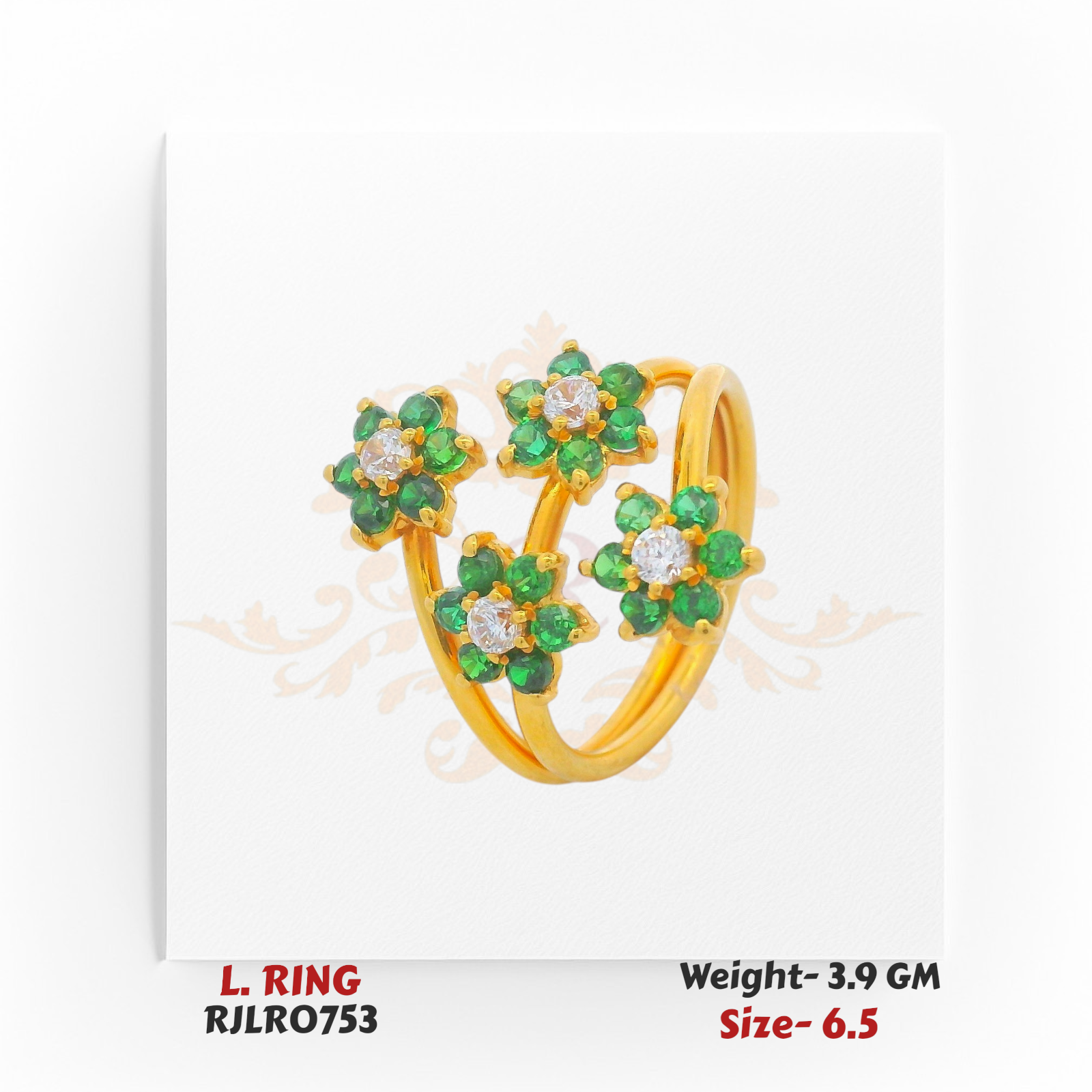 Charming gold ladies ring with a split shank design featuring three floral clusters, each crafted with vivid green round stones and a sparkling clear center stone, creating a fresh and elegant look. Model RJLR0753.