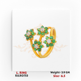 Charming gold ladies ring with a split shank design featuring three floral clusters, each crafted with vivid green round stones and a sparkling clear center stone, creating a fresh and elegant look. Model RJLR0753.