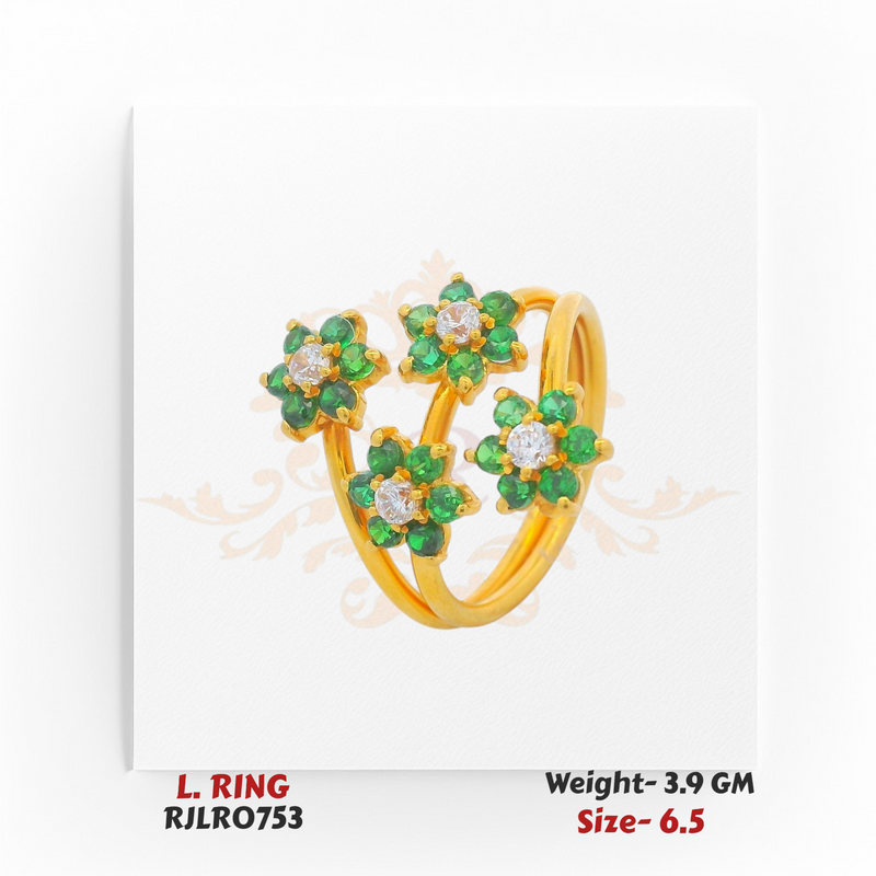 Charming gold ladies ring with a split shank design featuring three floral clusters, each crafted with vivid green round stones and a sparkling clear center stone, creating a fresh and elegant look. Model RJLR0753.