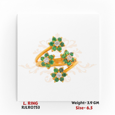 Stylish ladies’ gold ring with four floral clusters featuring vibrant green stones and sparkling white center stones. Model RJLR0753, weight 3.9 grams, size 6.5.