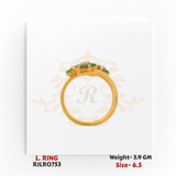 Side view of a ladies’ gold ring showcasing the raised floral cluster setting with green and white stones. Model RJLR0753, weight 3.9 grams, size 6.5.