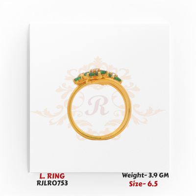 Side view of a ladies’ gold ring showcasing the raised floral cluster setting with green and white stones. Model RJLR0753, weight 3.9 grams, size 6.5.