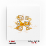 Top-down view of a statement gold ladies ring with four rectangular and square-shaped stone-studded clusters, symmetrically aligned for a glamorous finish. Model RJLR1440