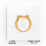 Side profile of a gold ladies ring showcasing its polished multi-band structure and elevated cluster settings, offering a modern and elegant style. Model RJLR1440.