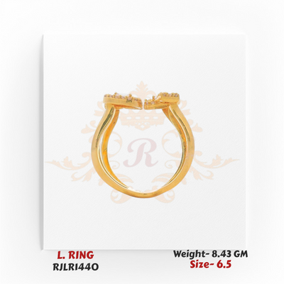 Side profile of a gold ladies ring showcasing its polished multi-band structure and elevated cluster settings, offering a modern and elegant style. Model RJLR1440.