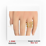 Gold ladies ring with four stone-studded rectangular and square clusters, shown worn on a hand to highlight its bold and fashionable appeal. Model RJLR1440.