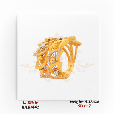 Elegant 22kt gold ladies ring RJLR1442 with intricate openwork floral and fan-shaped design, accented by shimmering CZ stones.