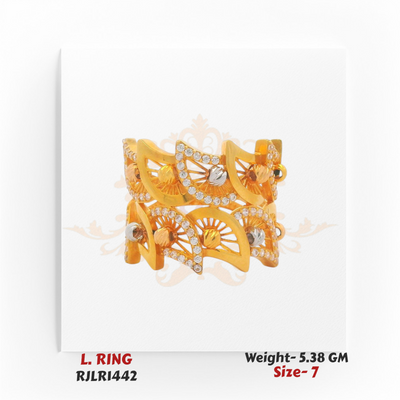 Wide band gold ring for women RJLR1442 featuring dual rows of fan motifs with sparkling cubic zirconia details.