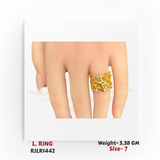 Stylish 22kt gold statement ring RJLR1442 showcased on a woman’s hand, perfect for weddings and special occasions.