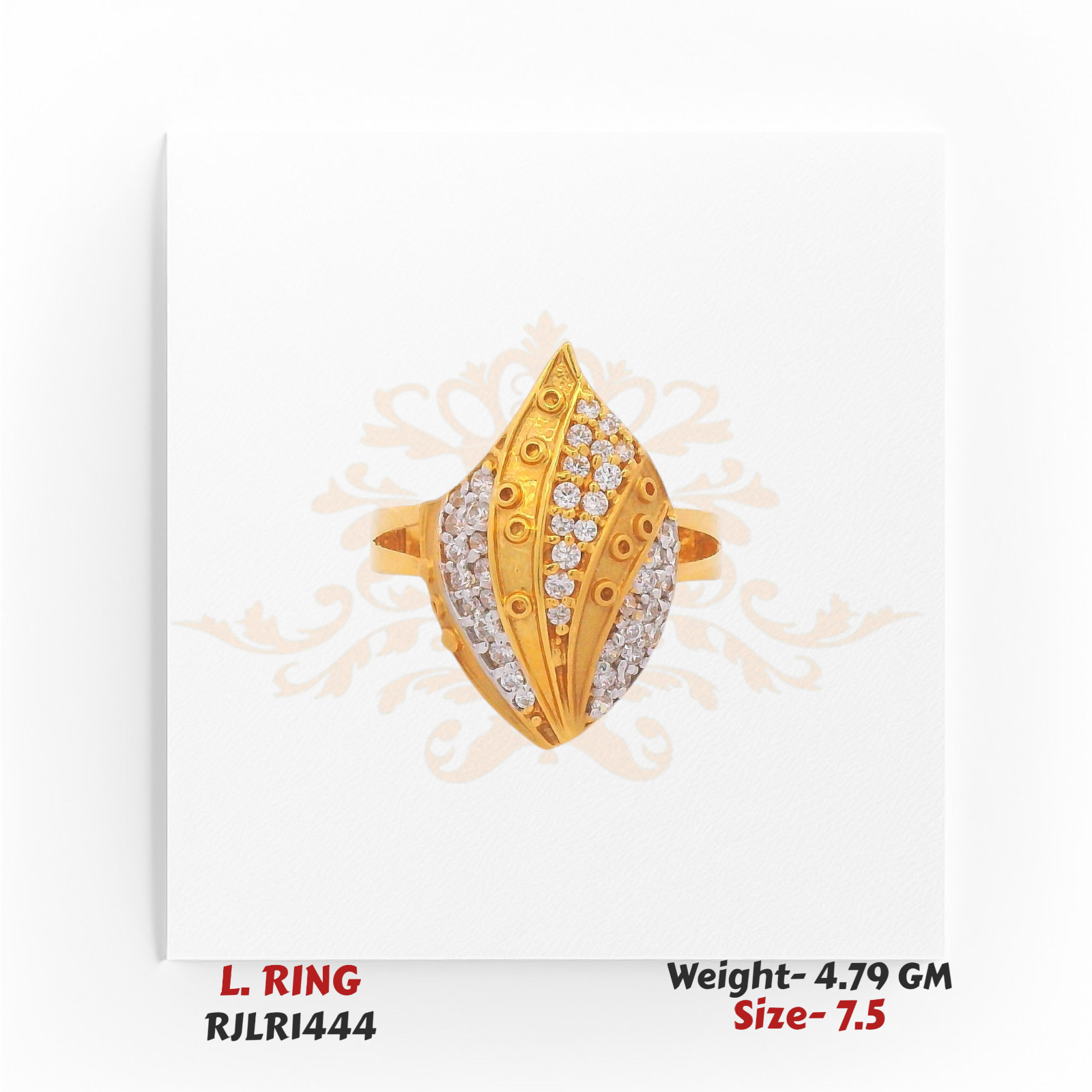 Front view of a marquise-shaped gold ladies ring encrusted with white stones and intricate gold accents.
