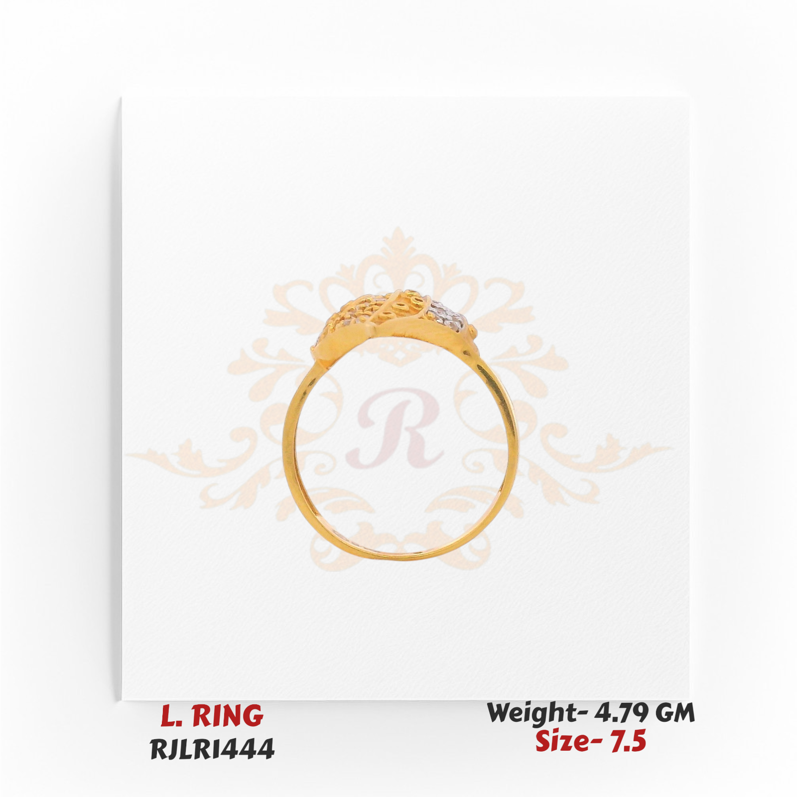 Side profile of a gold ladies ring showcasing the slim gold band and raised leaf-style design.