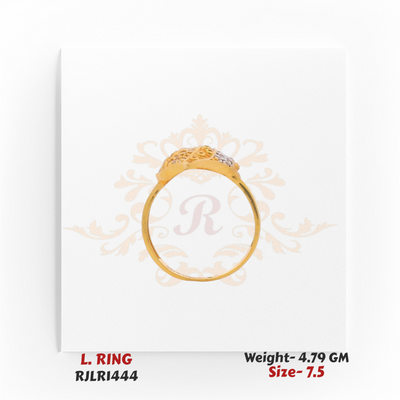 Side profile of a gold ladies ring showcasing the slim gold band and raised leaf-style design.