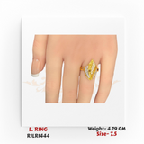 Gold ladies ring with marquise-shaped leaf design, studded with white stones, shown on a model’s hand for scale.