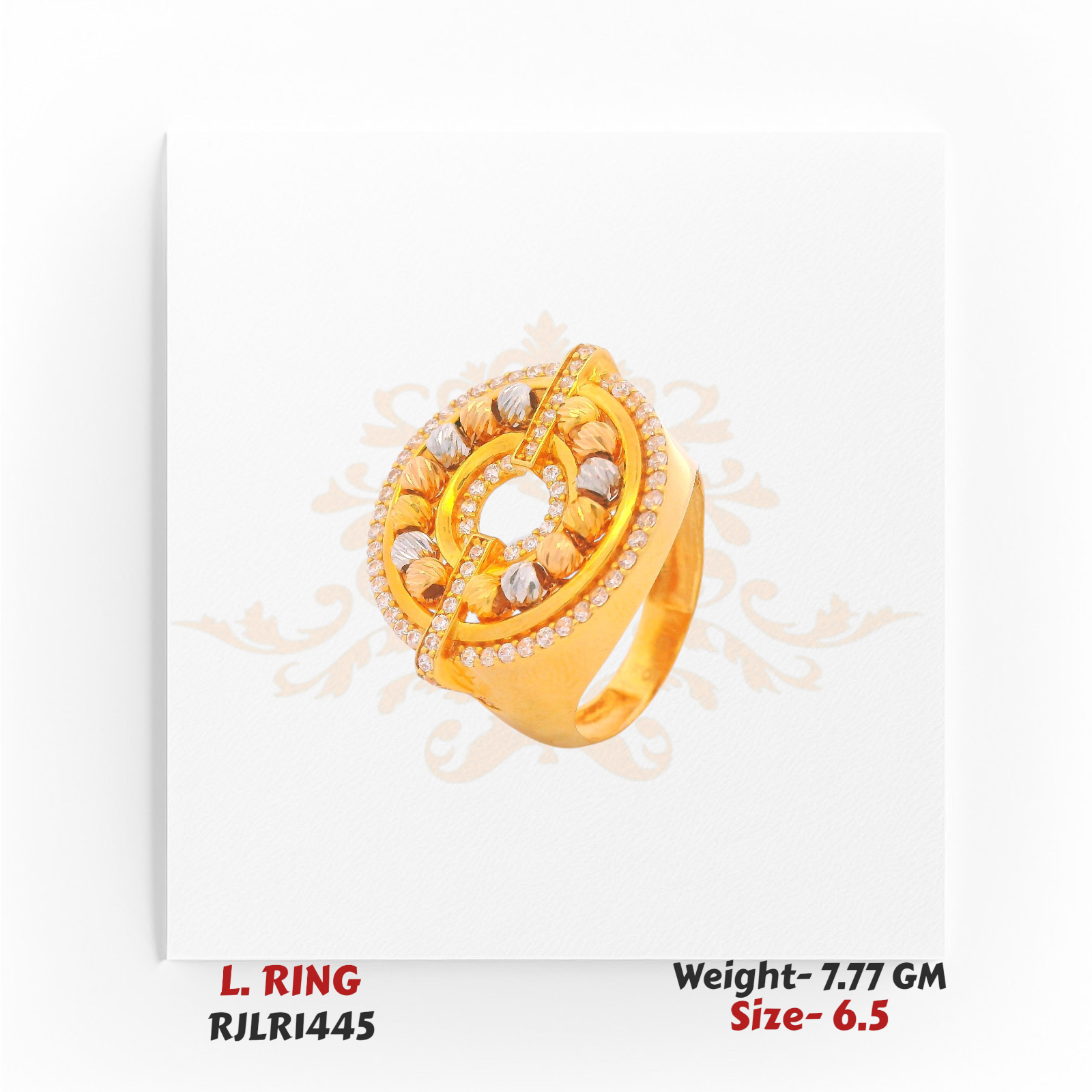A bold circular gold ladies ring with intricate dual-tone detailing and diamond accents, model RJLR1445.
