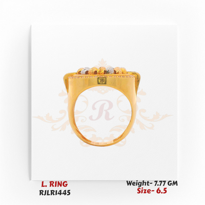 Side profile of RJLR1445 gold ladies ring highlighting its structured band and raised circular top.