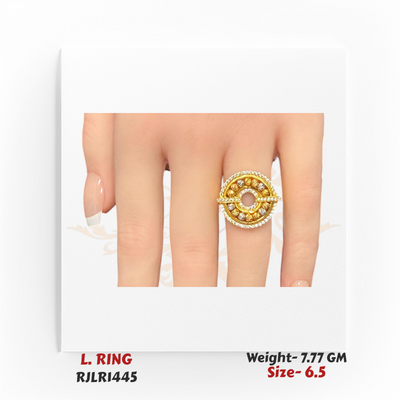 RJLR1445 gold ring worn on hand, displaying its large circular centerpiece and shimmering details.