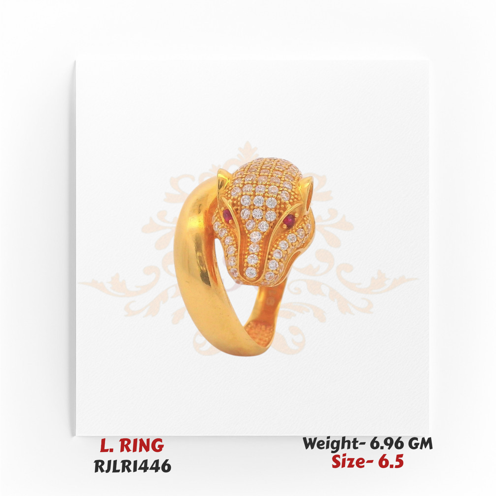 A bold gold ladies ring featuring a detailed panther head design, encrusted with shimmering CZ stones and ruby-red eyes. RJLR1446.