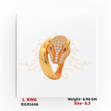 A bold gold ladies ring featuring a detailed panther head design, encrusted with shimmering CZ stones and ruby-red eyes. RJLR1446.