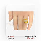 The gold panther ring worn on a finger, displaying its bold and luxurious statement style. RJLR1446.