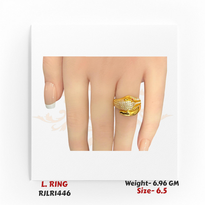 The gold panther ring worn on a finger, displaying its bold and luxurious statement style. RJLR1446.