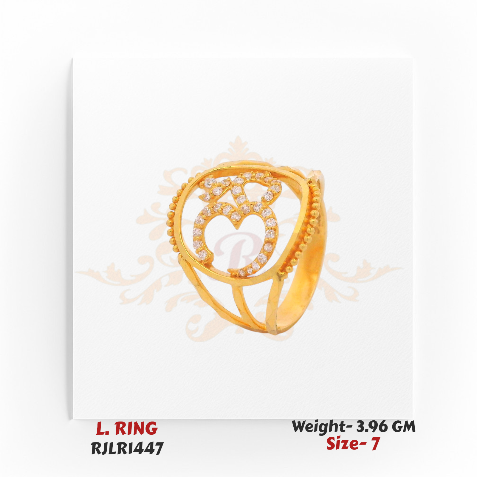 A 22kt gold ladies ring with an open circular design featuring a sparkling Om centerpiece embellished with white stones.