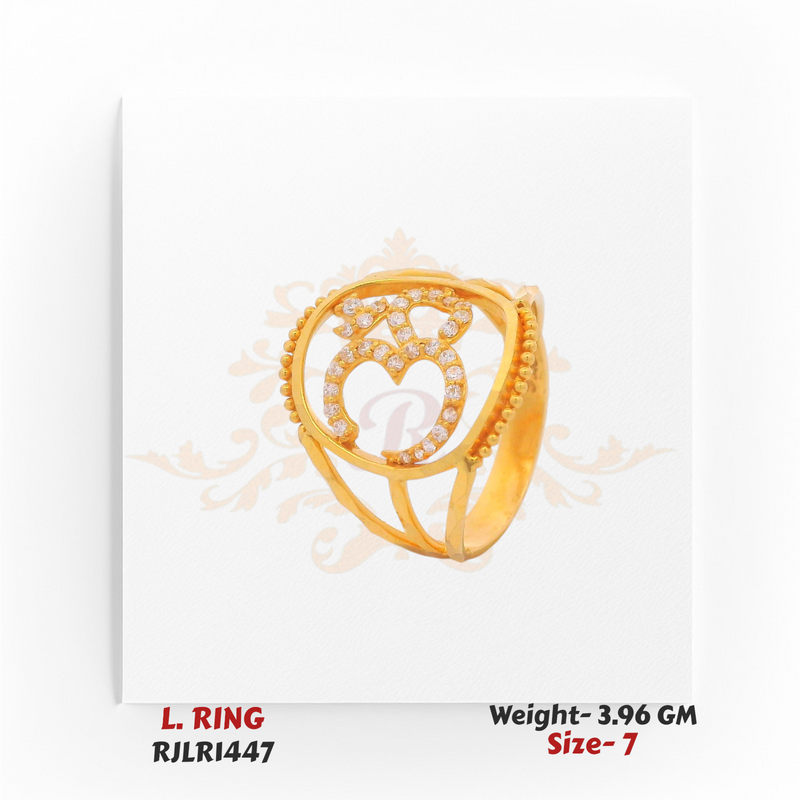 A 22kt gold ladies ring with an open circular design featuring a sparkling Om centerpiece embellished with white stones.