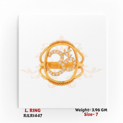 Front view of a 22kt gold ladies ring showcasing an intricate Om symbol outlined with shimmering white stones within a circular frame.