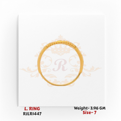 Side profile of a 22kt gold ladies ring with a sleek band and beaded edge detailing, highlighting its lightweight structure.