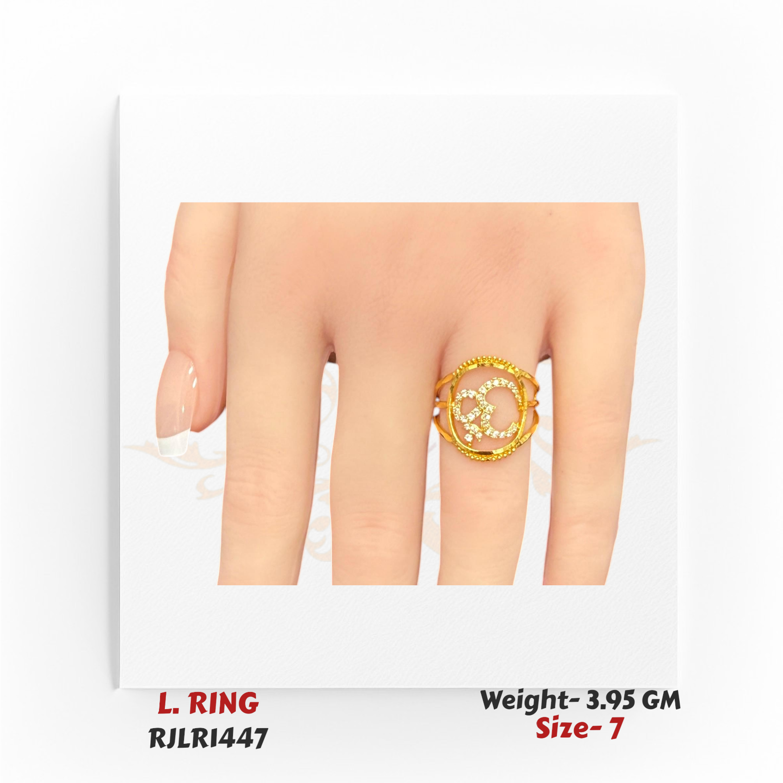 A 22kt gold Om symbol ladies ring with sparkling white stones, displayed on a model’s hand for size reference.