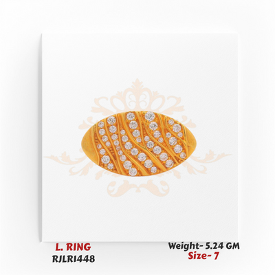 Top view of an elegant oval gold ladies ring, fully encrusted with alternating wavy rows of shimmering CZ stones for a striking finish. Model RJLR1448.