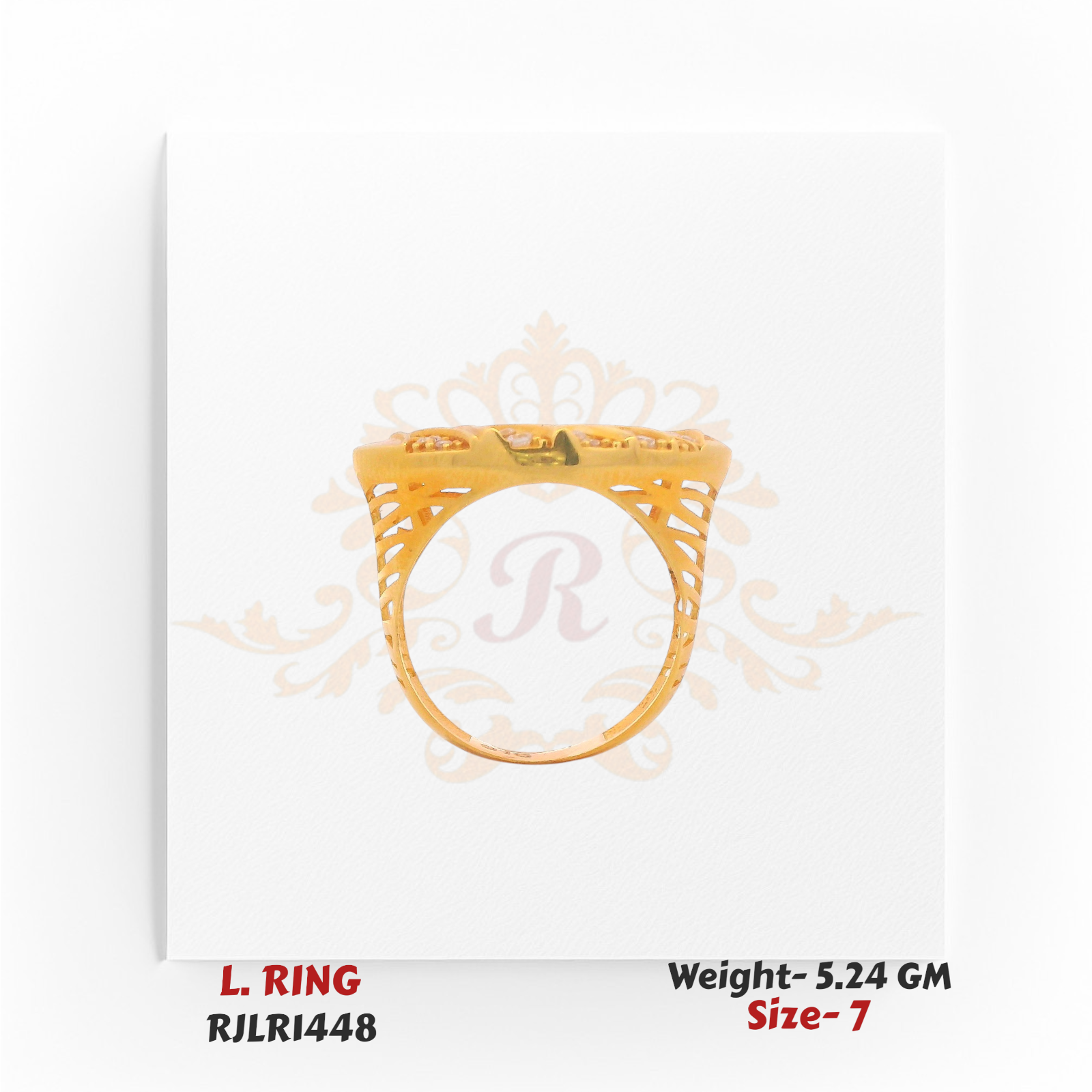 Side profile view of the gold ladies ring showing the raised oval design with cutout detailing along the band for added lightness and style. Model RJLR1448.