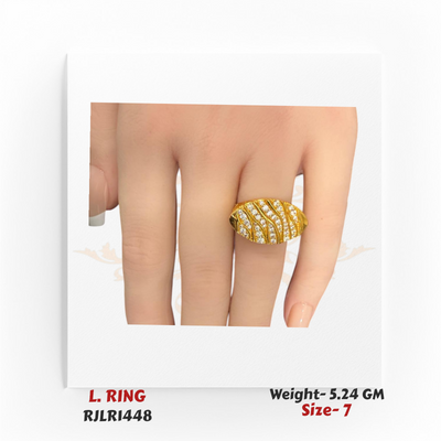 Hand shot of a statement gold ladies ring with an elongated oval top, accented by flowing wavy lines set with CZ stones. Model RJLR1448.