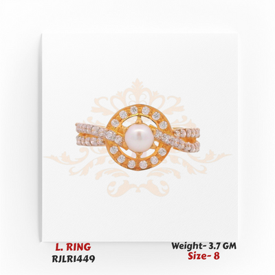 Gold ladies ring featuring a lustrous central pearl framed by a circular halo of diamonds, with a double row stone-studded band. Model RJLR1449.