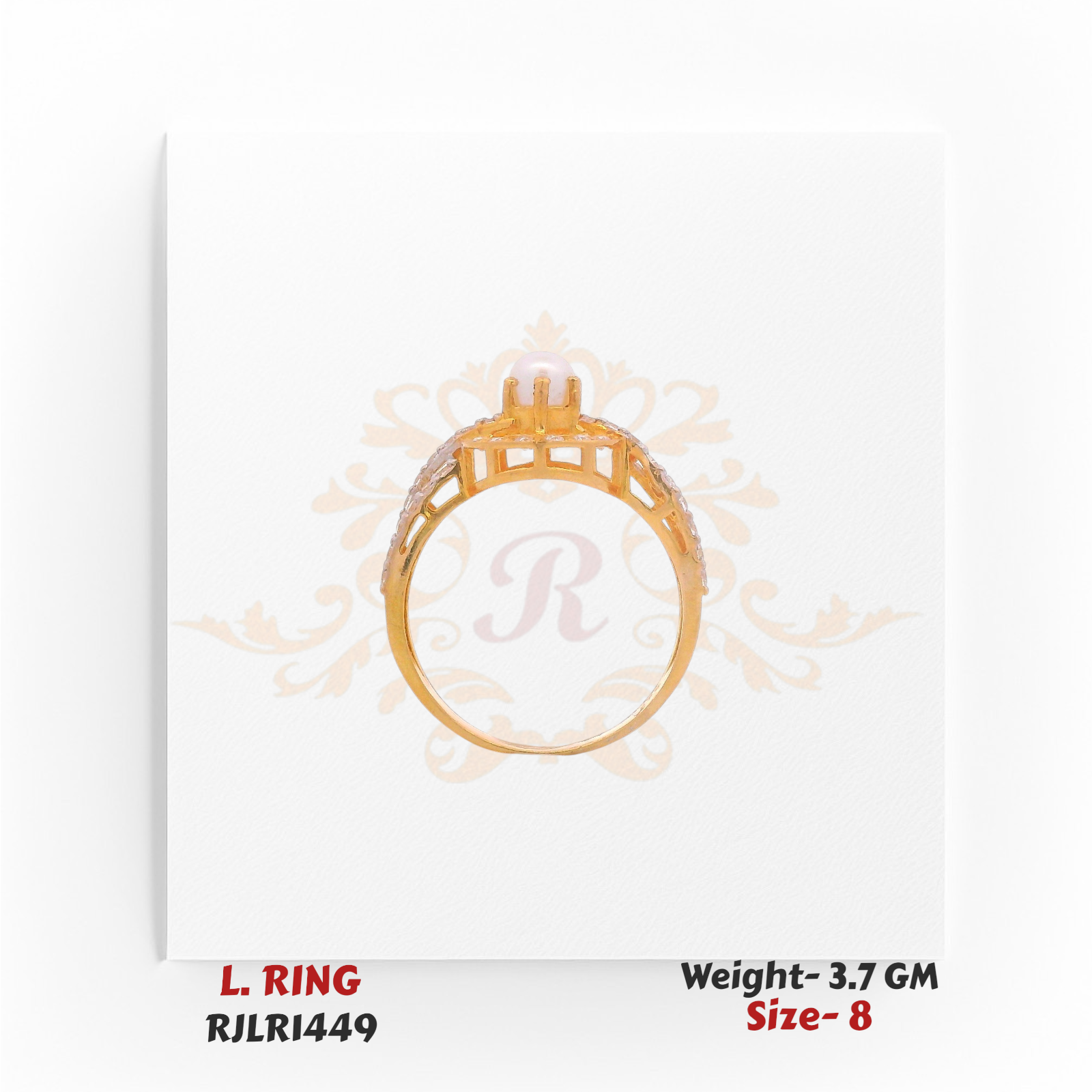 Gold ladies ring highlighting the raised pearl setting, open gallery work, and diamond-studded split band. Model RJLR1449.