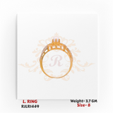 Gold ladies ring highlighting the raised pearl setting, open gallery work, and diamond-studded split band. Model RJLR1449.