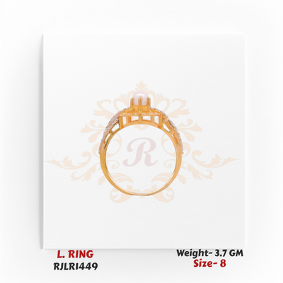 Gold ladies ring highlighting the raised pearl setting, open gallery work, and diamond-studded split band. Model RJLR1449.