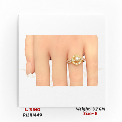 Stylish gold ladies ring worn on a finger, showcasing the central pearl and glittering halo design for a sophisticated look. Model RJLR1449.