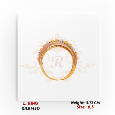 Side profile of a gold ladies ring showcasing the curved crossover structure with raised bead accents and stone-lined edges. Model RJLR1450.