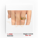 Hand view of a gold ladies ring styled on the finger, emphasizing the crossover pattern with sparkling borders and bead accents. Model RJLR1450.