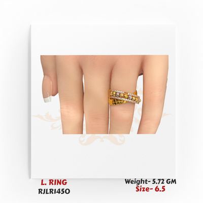 Hand view of a gold ladies ring styled on the finger, emphasizing the crossover pattern with sparkling borders and bead accents. Model RJLR1450.