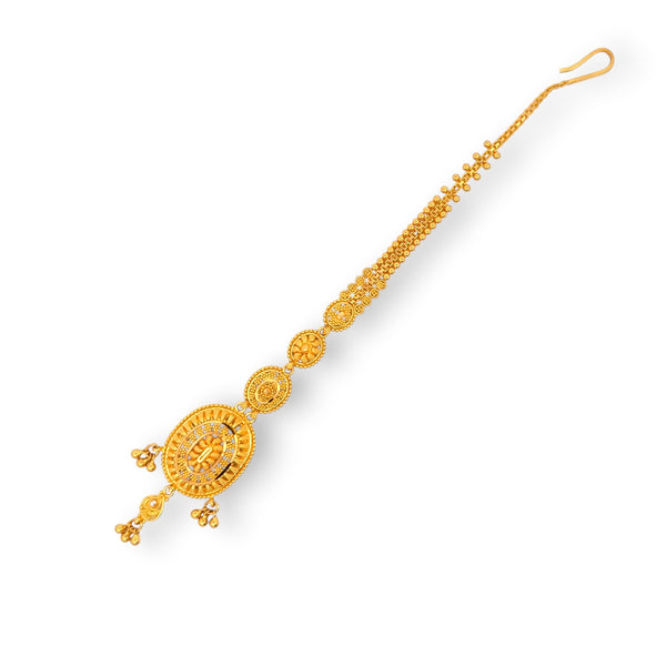 22kt Gold Tikka with Oval Filigree Pendant and Chain Link Drops – Traditional and Elegant Bridal Jewelry – Regal Jewels RJLT3002