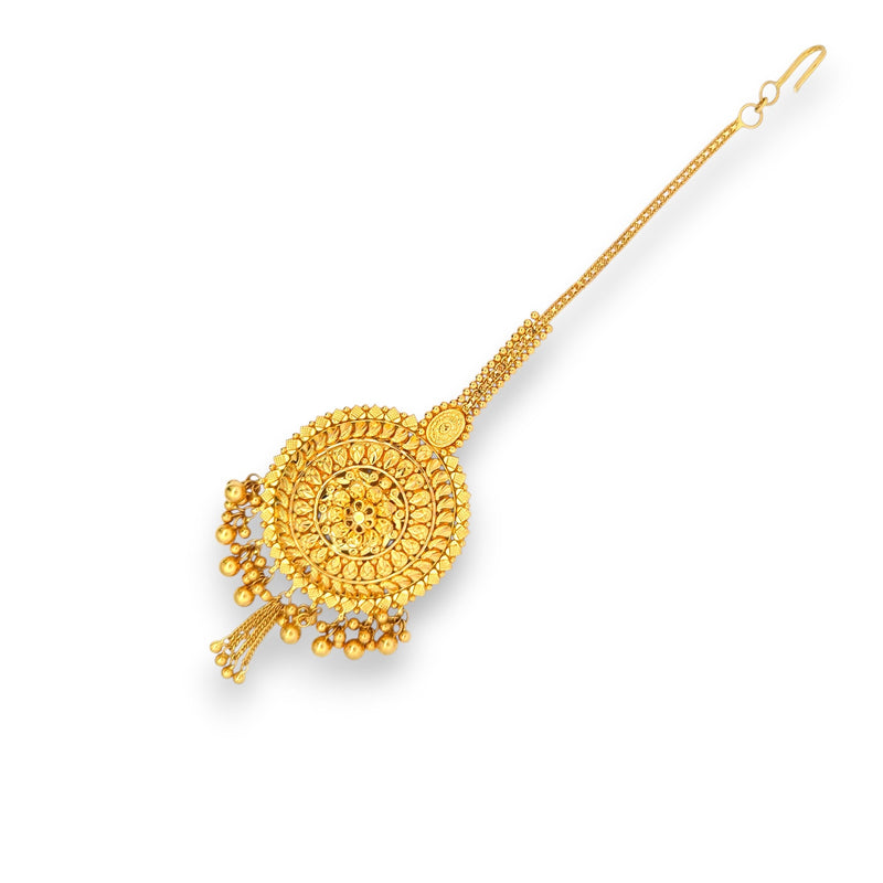 	22kt Gold Tikka with Large Sunburst Jhoomar Pendant and Gold Bead Dangles – Traditional and Royal Bridal Jewelry – Regal Jewels RJLT3030