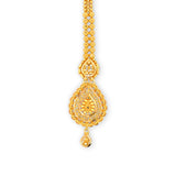 	22kt Gold Tikka with Teardrop Shaped Filigree Pendant and Patterned Chain – Traditional and Feminine Bridal Jewelry – Regal Jewels RJLT3032A