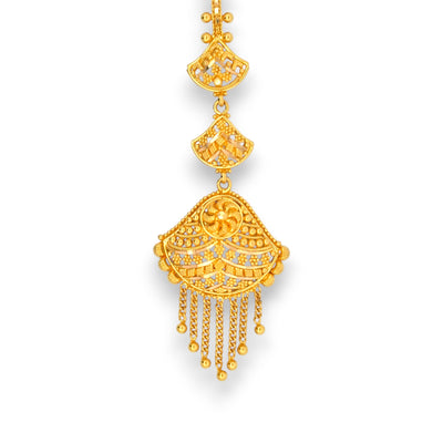 22kt Gold Tikka with Fan-Shaped Kundan Pendant and Tassel Chain Drops – Traditional and Festive Bridal Jewelry – Regal Jewels RJLT3033A
