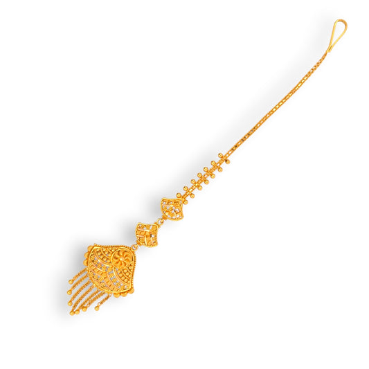	22kt Gold Tikka with Fan-Shaped Kundan Pendant and Tassel Chain Drops – Traditional and Festive Bridal Jewelry – Regal Jewels RJLT3033
